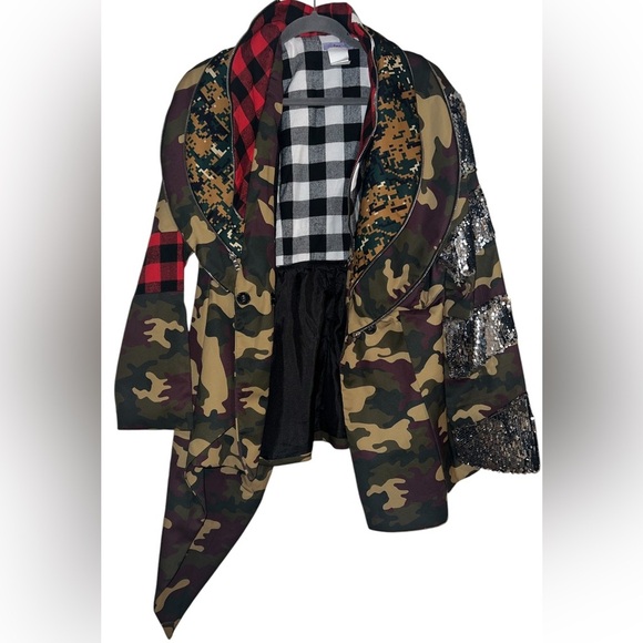Asymmetrical Camo, Plaid, & Sequins Jacket - Picture 1 of 10